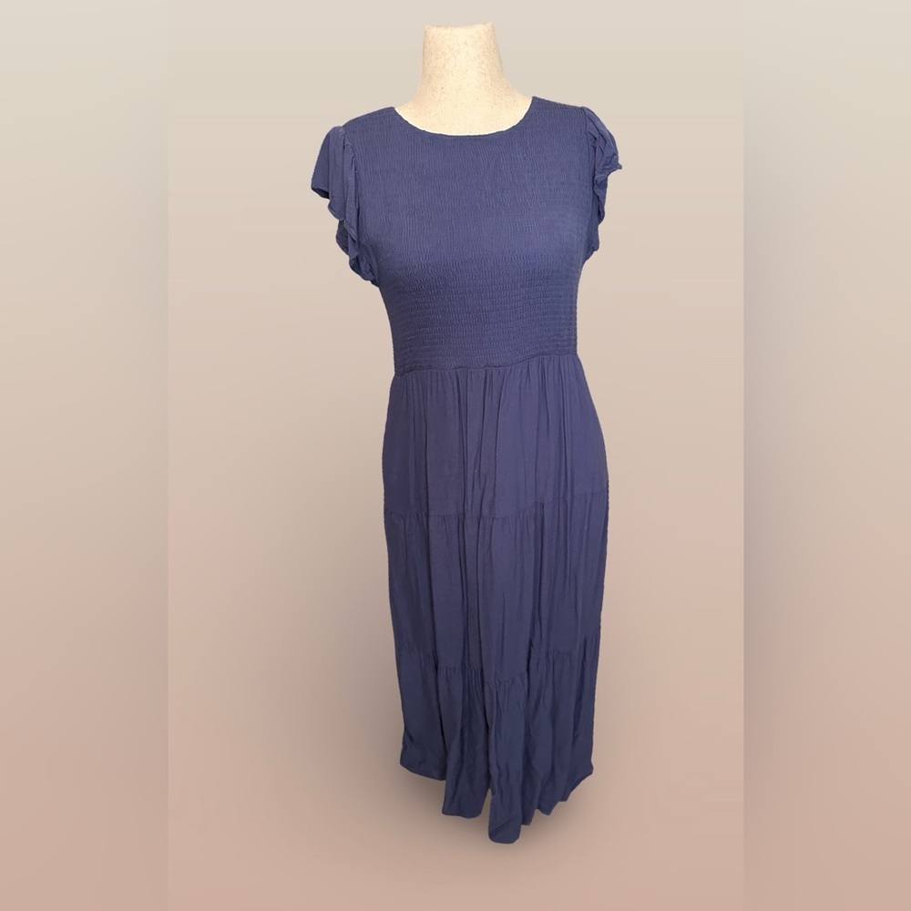 Amazon Blue Pleated Midi Dress with Flutter Sleeves